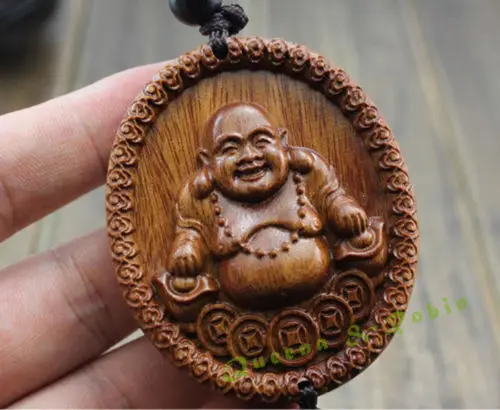 

Chinese Knot Wood Carved Happy Laughing Maitrey Buddha Statue Car Pendant Amulet