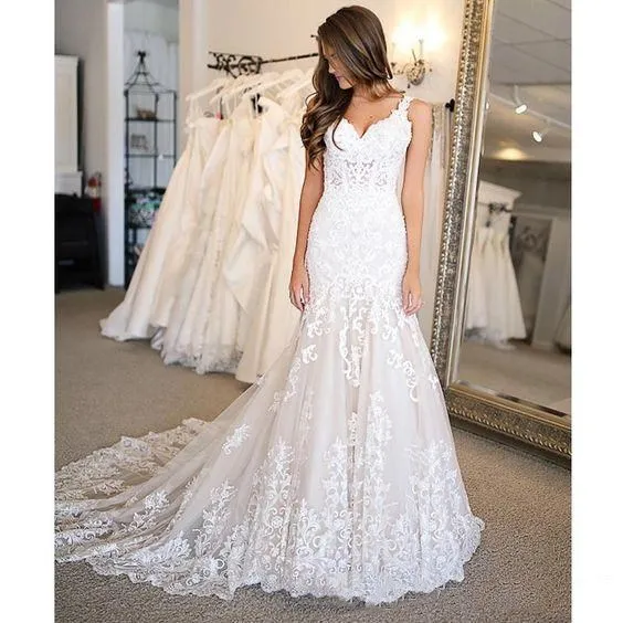 

Sexy Lace Mermaid Wedding Dresses 2019 New Ivory Bridal Gown Sleeveless V Neck vestido de noiva Custom Made Color Size
