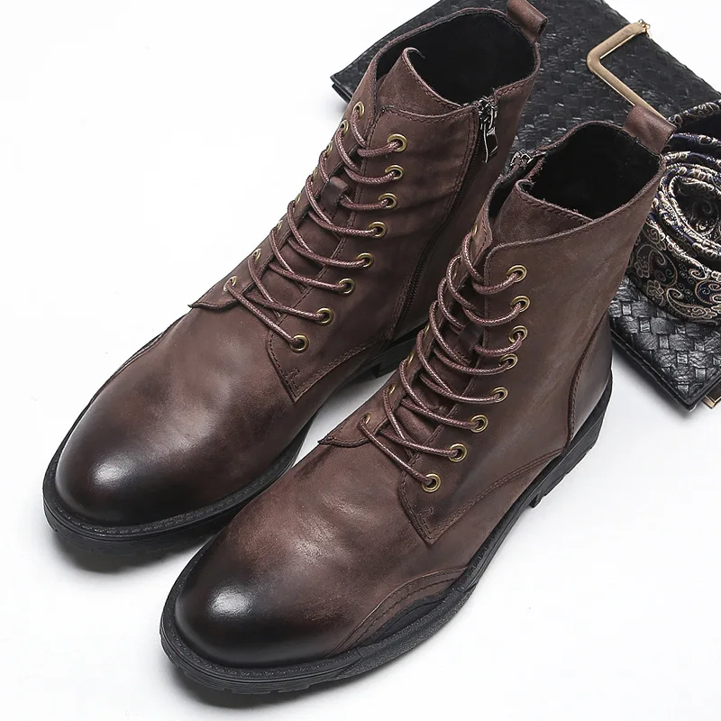 

Men's Genuine Leather Military Boots New Side Zipper High Boots Men Casual Work Boots 2019 Autumn Winter Men High Top Shoes