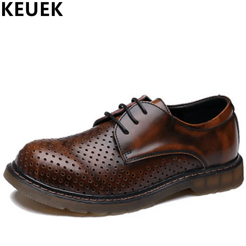 

Summer Vintage Genuine leather Men shoes British style Hollow cut Dress Sandals Oxfords Lace-Up Martin Shoes Male Flats 033