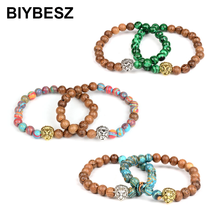 2018 2pcs Natural Stone Beads Bracelet Green Malachite and Wood Couple Bracelet Rope Pulsera For Lover's Friendship Jewelry Gift (4)