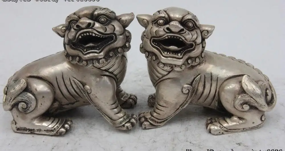 

Chinese White Bronze Silver Gilt Two Lion Fu Foo Dog Kylin Beast Fengshui Statue
