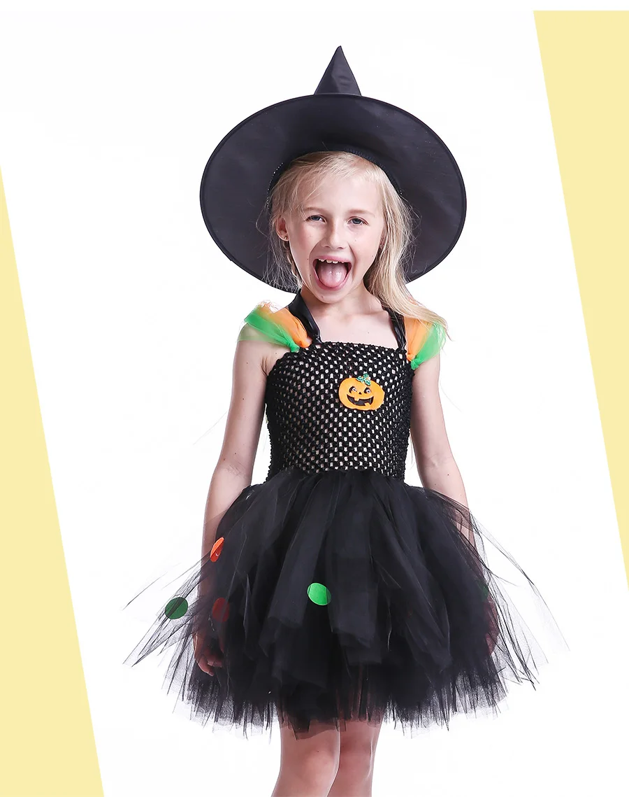 Pumpkin Pattern Girls Halloween Tutu Dress with Witch Hat Colorful Polka Dot Baby Girl Dress Kids Witch Costume Photo Party (2)