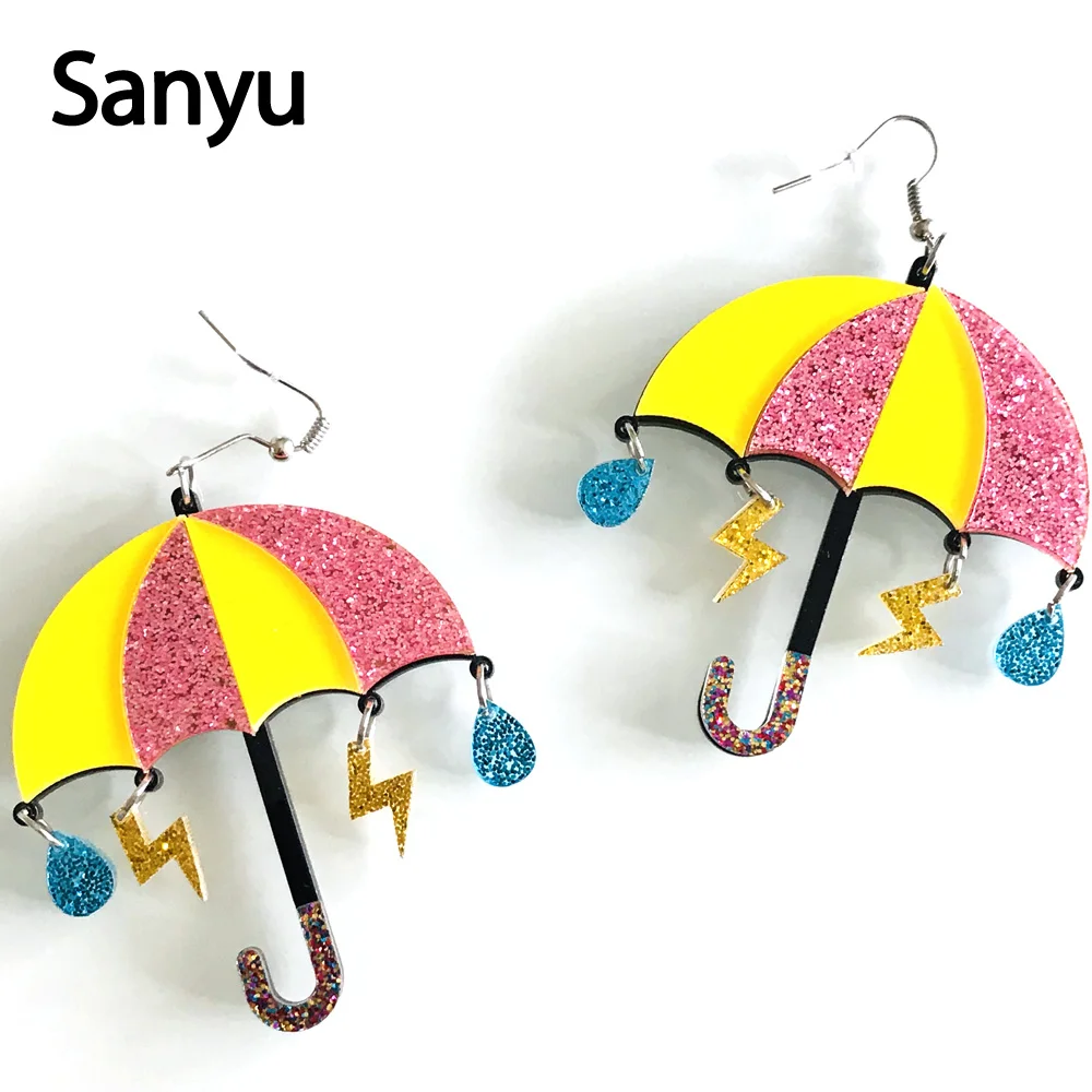 Милые разноцветные акриловые висячие серьги с зонтиком для женщин, креативные Забавные милые блестящие серьги с порошком, висячие серьги в виде капли дождя