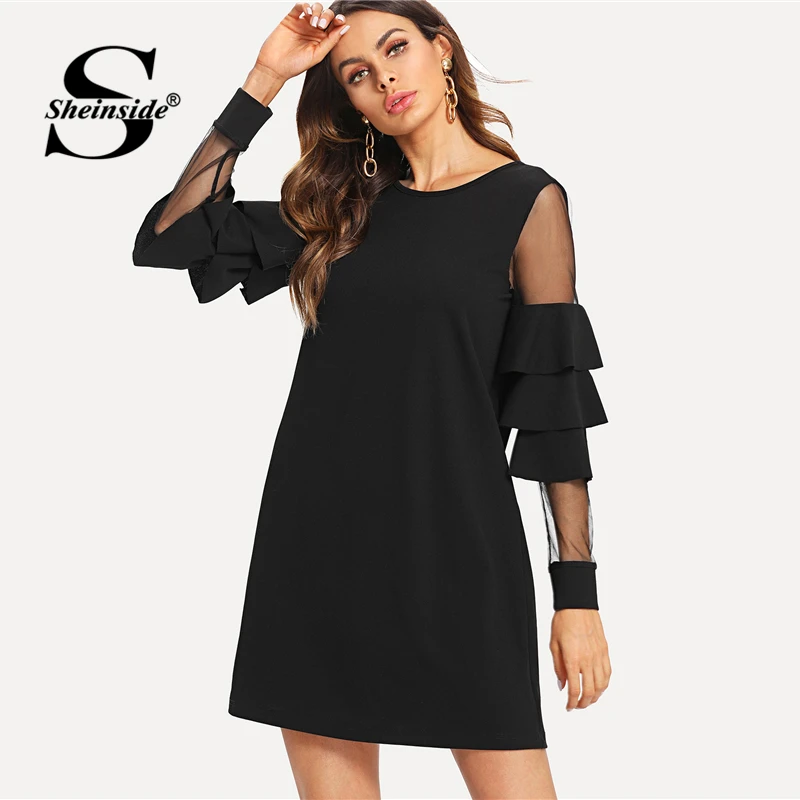 Miglior Sheinside Ruffle Manica Lunga Nero UNA Linea di Abiti Da Lavoro Signore Contrasto Maglia A Più Livelli Strato Dritto Delle Donne Eleganti Mini Vestito