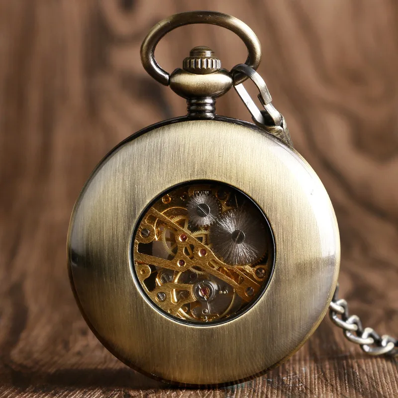 Ретро роскошный деревянный круг Скелет карманные часы для мужчин для женщин унисекс Механическая Рука обмотки римские цифры цепочки и