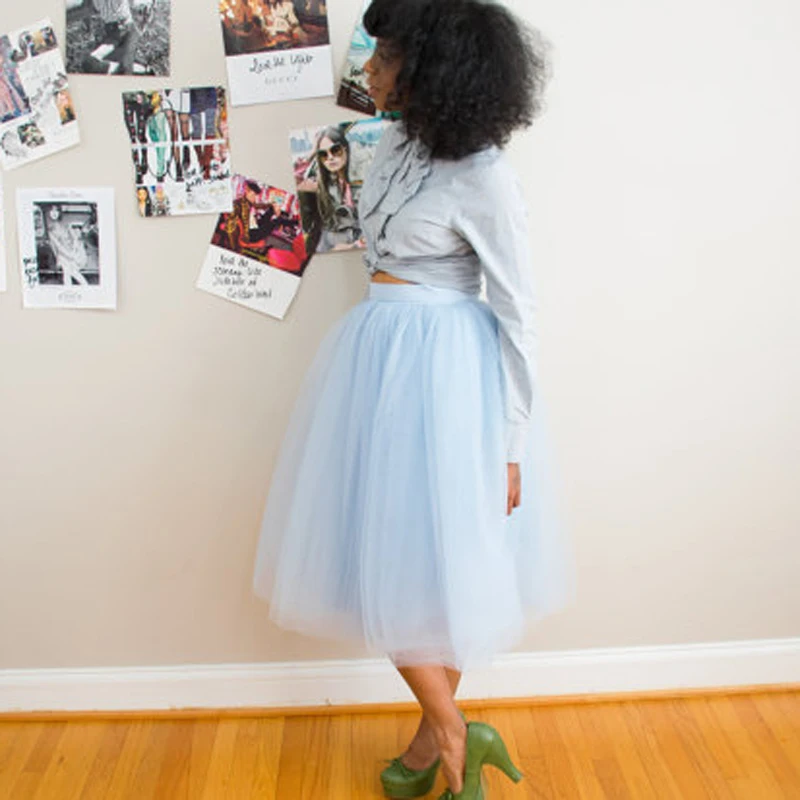 Pale Blue Midi Tulle Skirt Custom Made Knee Length Puff Women Skirts 2017 Spring Summer Style Saias Lolita Faldas Jupe