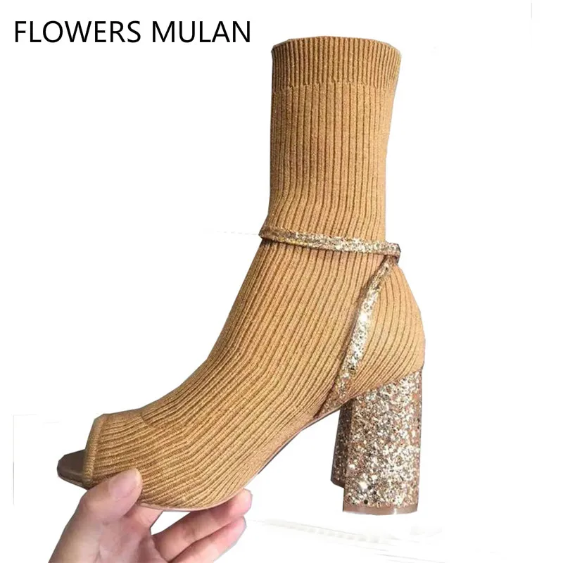 

Hanbaidi knitted sock shoes women bling bling sequins peep toe High Heels Elastic Ankle Boots for Women pumps Celebrity Shoes
