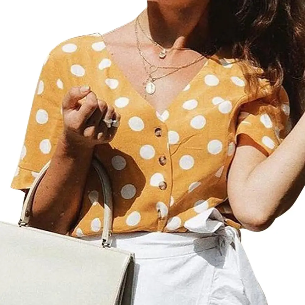 

Yfashion Polka Dot Crop Tops Blouse Women Sunny Yellow Summer Sexy V-neck Wave Point Printing Blouses Fashion Blouse Women