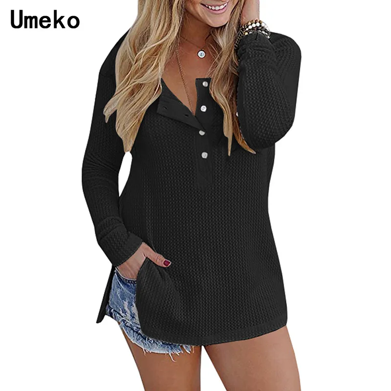 Umeko, Осень-зима, женские вязанные рубашки на пуговицах, пуловеры, Женская Повседневная рубашка с круглым вырезом, длинный рукав, Однотонный свитер, сорочка для женщин
