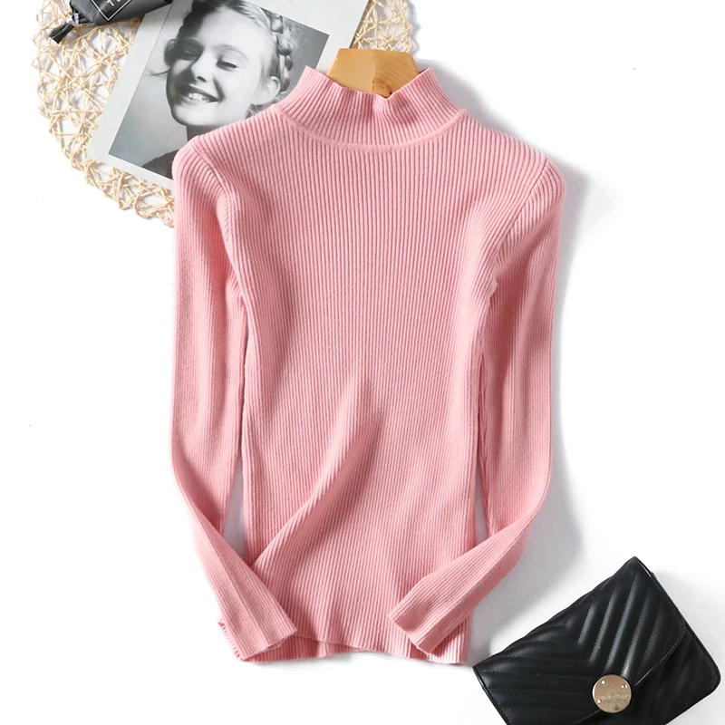 Tangada, зимний женский джемпер с высоким воротом, пуловер с длинным рукавом, стрейчевый пуловер с круглым вырезом, Женский Повседневный Мягкий Вязаный топ, Femme AQX04 - Цвет: Розовый
