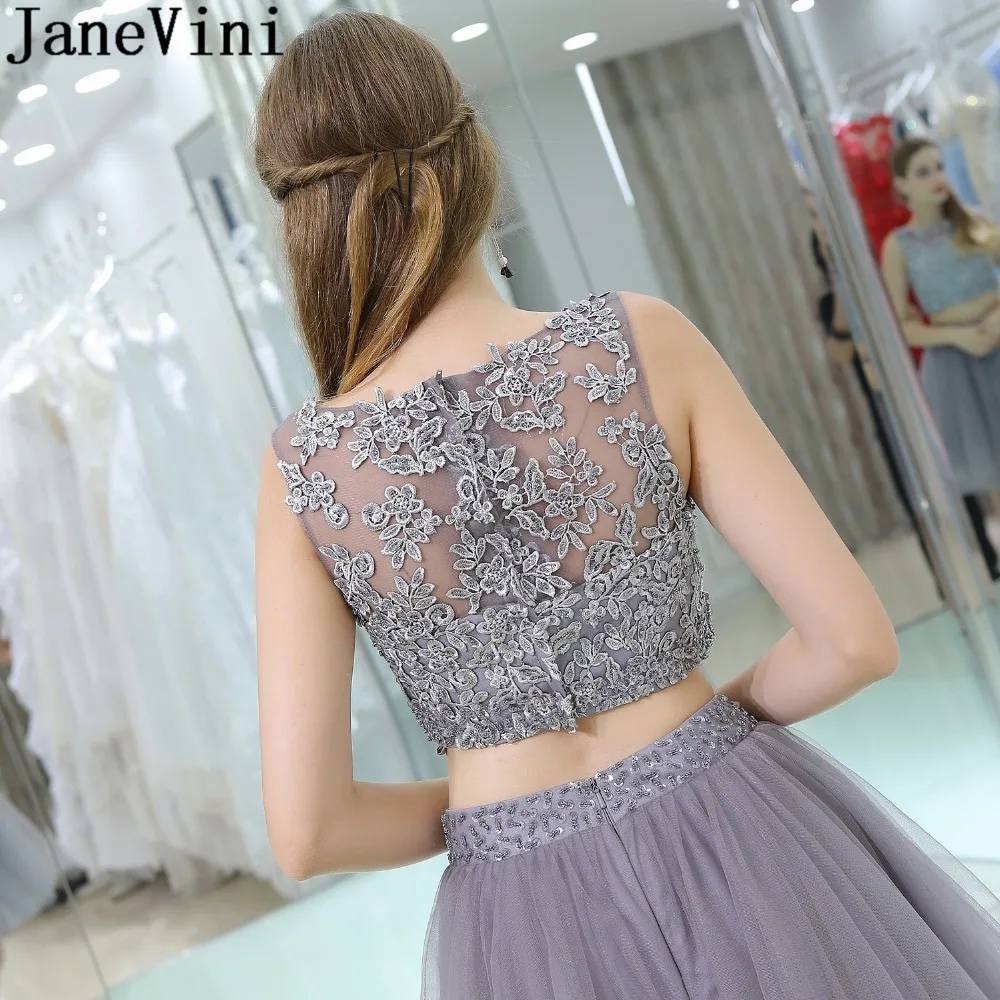 JaneVini 2019 серые короткие платья для выпускного вечера 2 шт бисером кружева аппликации выпускное торжественное платье Abiti тюль платье халат