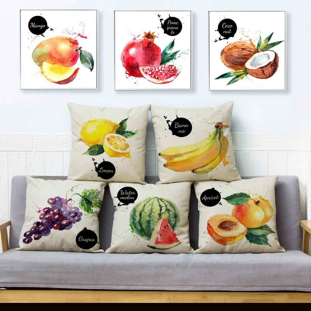 

Print Fruits and Vegetables for Dining Room Pillow Cover 45*45cm Cushion Covers Linen Pillow Case Decor Banana Pillows Cases