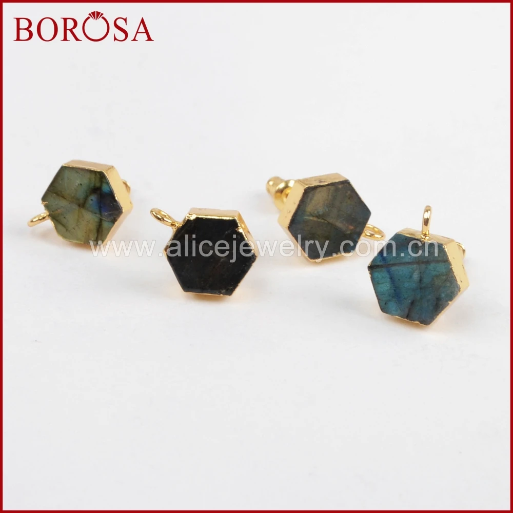 BOROSA 5 пар Золотой шестигранник Лабрадорит Кричащие шпильки очаровательные гвоздики Серьги с драгоценными камнями серьги ювелирных изделий для Для женщин G1488