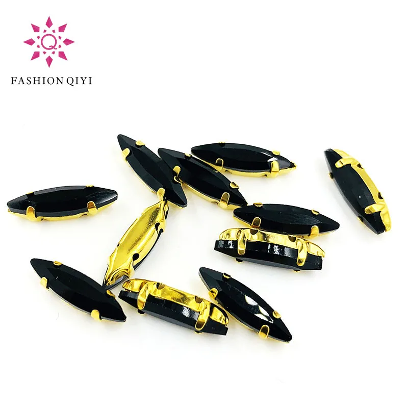 4x15mm Black Horse eye shape 50pcs/pack Glass Crystal Gold bottom sew on claw rhinestones with holes diy Sewing On Garment
