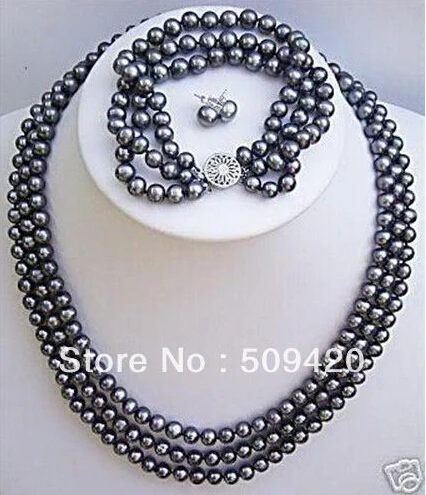 

hot sell3 rows Natural cultured black pearl necklace bracelet earrings set