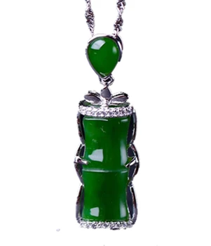 

New S925 silver inlaid natural Hetian Biyu bamboo pendant with certificate