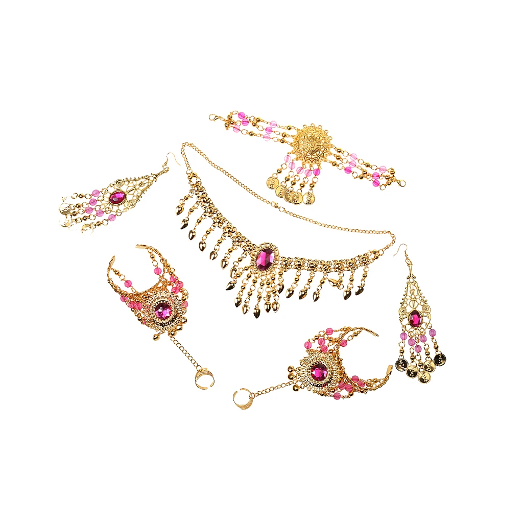 Phenovo Ladies Bridal Party Costume Necklace Earrings Headpiece Hand Jewelry for Parties Belly Dancing -Rose red