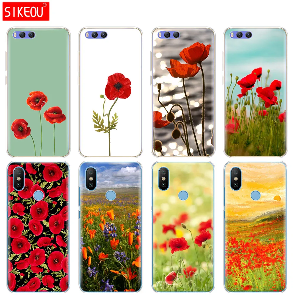 Silicone Cover Case For Xiaomi Mi 8 8SE A1 A2 5 5S 5X 6 Mi5 MI6 NOTE 3 MAX Mix 2 2S Red Poppies On Black Style | Мобильные телефоны