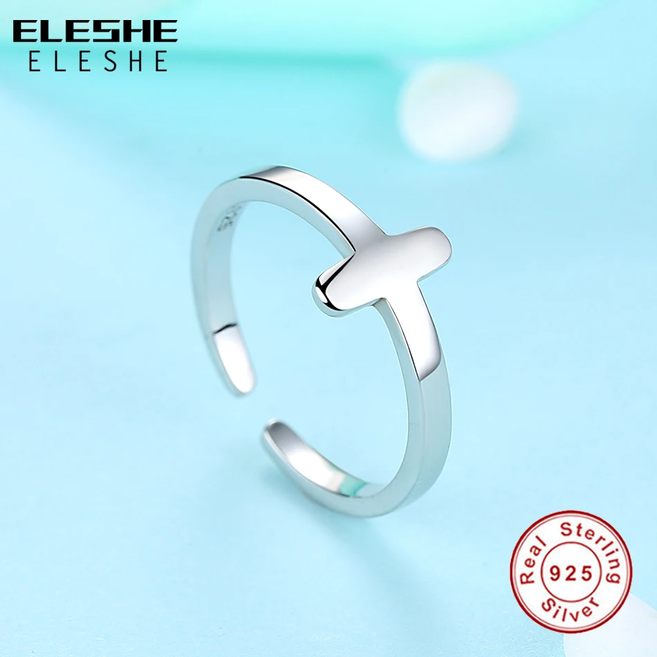 ELESHE Genuine 100% 925 Sterling Silver Faith Christian Cross Rings Wedding Simple Design Open Finger Rings For Women Jewelry