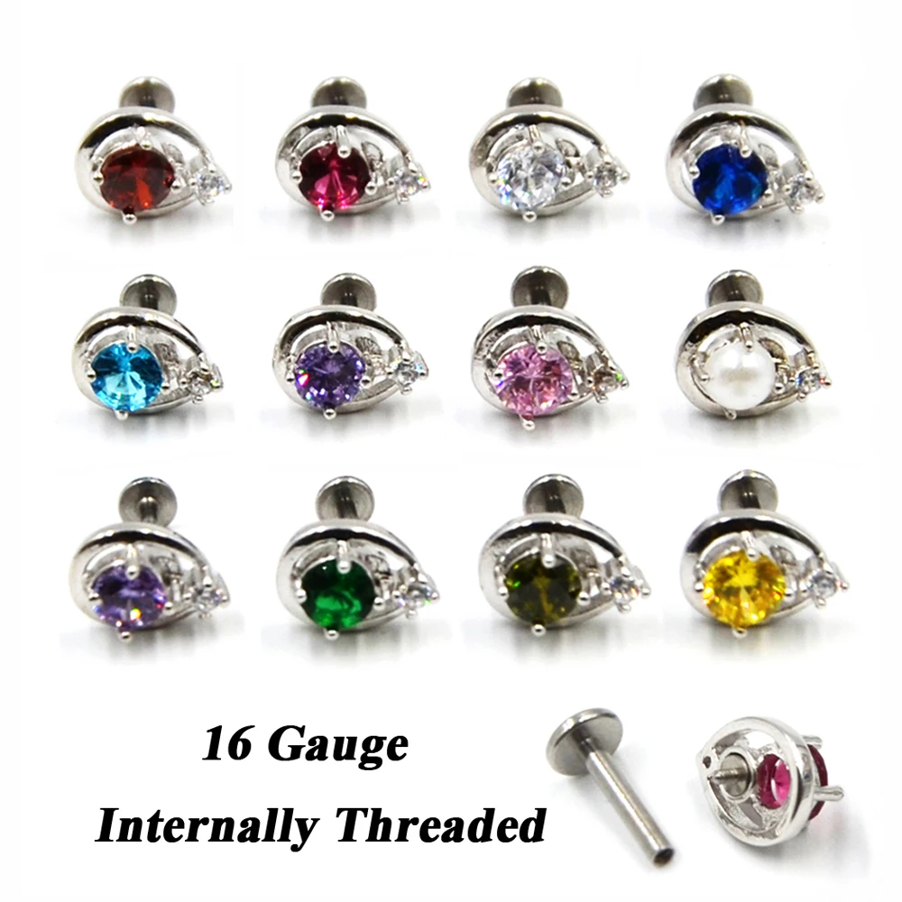 

316l Surgical Steel With Zircon Dew Drop Teardrop Internally Threaded Labret Ear Tragus Cartilage Earring Helix Lip Ring Jewelry