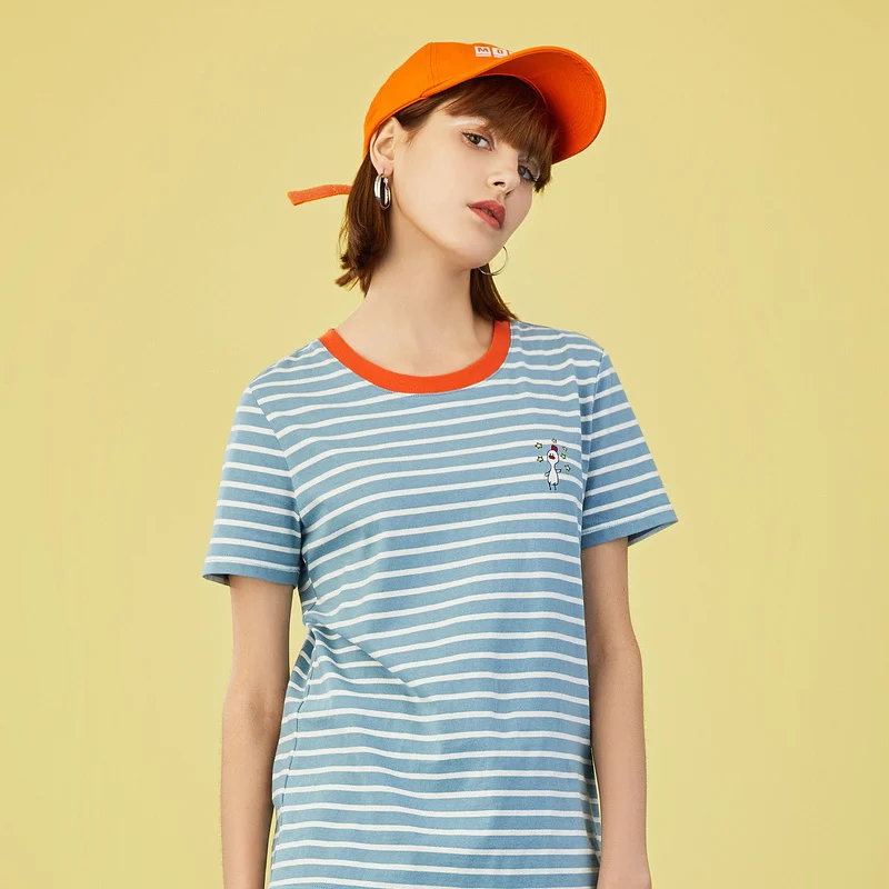

Toyouth Summer 2019 Women T-Shirt Casual Stripe Print Cartoon Logo Round Neck Short Sleeve Shirt Female Loose Cotton Tops