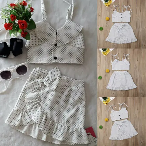 

New Toddler Kids Baby Girl Summer fashion Casual Polka Dot Ruffle Sling Tops Bowknot Dress 2PCS Outfits Sunsuit