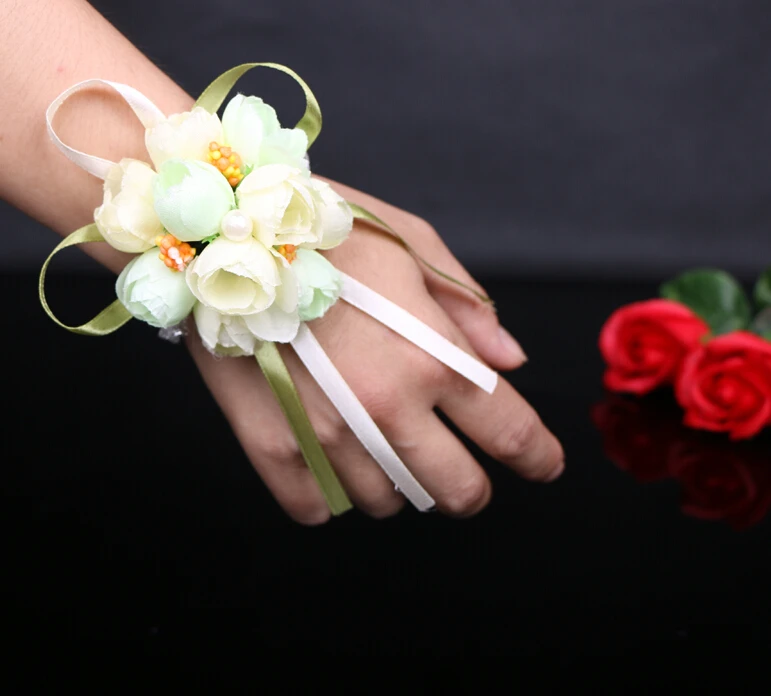 3Pieces/lot Wedding Wrist Flowers With Pearl Bridesmaid Artificial Silk