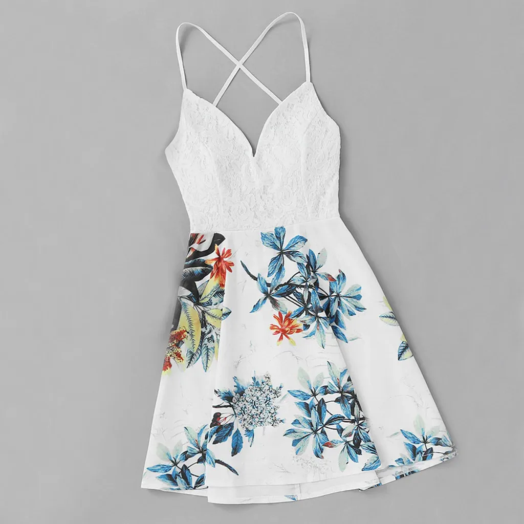 

Womens Srtrap A-Line Lace Casual Sleeveless Off Shoulder Backless Mini Dress Print Floral White Beach Dress Summer Short Dresses