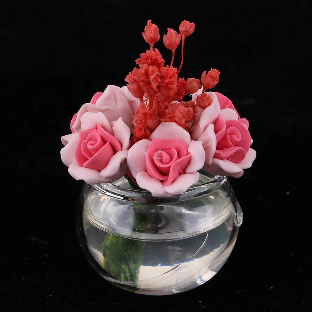 1/12 Dollhouse Miniature Layout Mini Red Plant Rose Flower with Plastic Vase Arrangement Doll House Decor Ornament Accessories