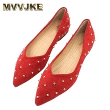 MVVJKE/Новинка года; модная обувь; женская обувь на плоской подошве высокого качества; повседневная обувь из флока без застежки; женская обувь на плоской подошве с острым носком и заклепками