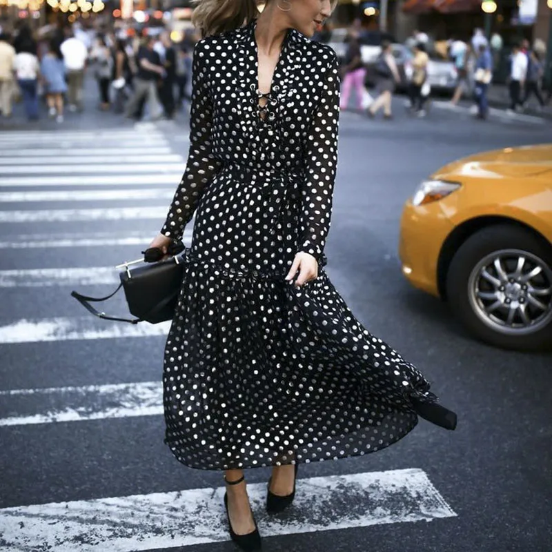 Fashion Women Sexy polka Dot Split dresses ladies Deep V-neck Long Sleeve maxi Dress vestido Black and white