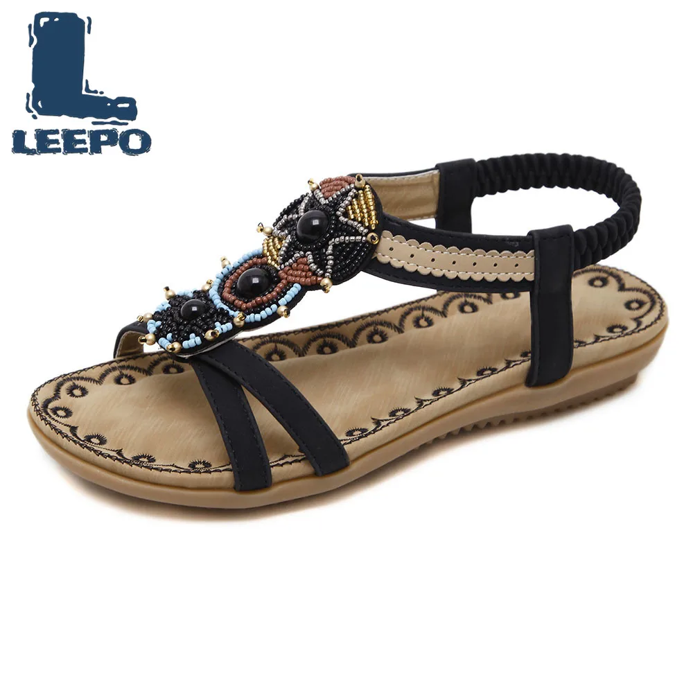 

LEEPO Women Summer Sandles Female Flat Platform String Bead Crystal Peep Toe Boho Shoes Woman Retro Daily Commuting Boho Sandals