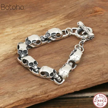 

Shiny Rocker Fashion Bracelet Solid 925 Sterling Silver Cool Men's Biker Skulls Bracelet Gothic punk knight jewelry Charm chain