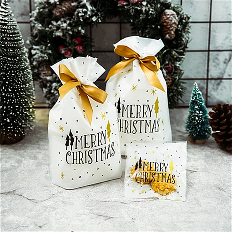 

50pcs New Year Biscuit Drawstring Cartoon Snowman Pattern White Ribbon Gift Favors Merry Christmas Bakery Candy Plastic Bag