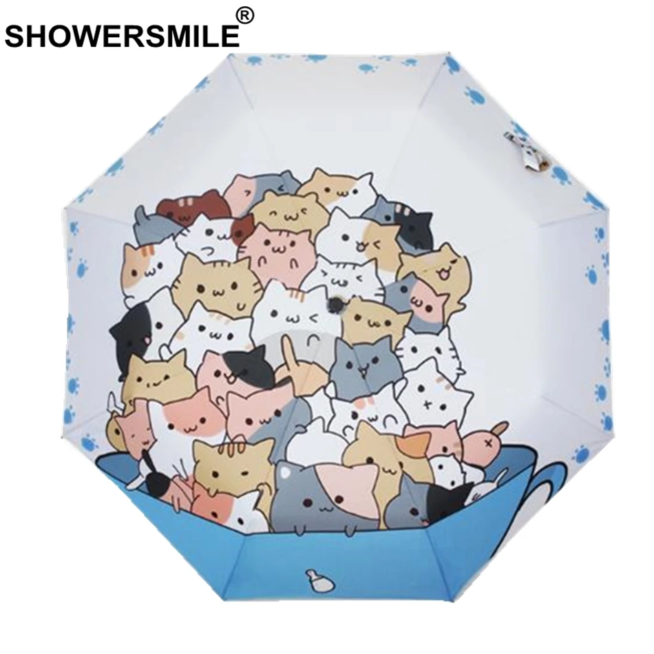 

SHOWERSMILE Umbrella With Cats Animal Painting Japanese Umbrella Silver Coating parasol Ladies Folding Cartoon Novelty Umbrellas