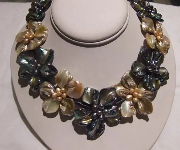

Free Shipping!!!fresh water pearl shell flower,leather necklace
