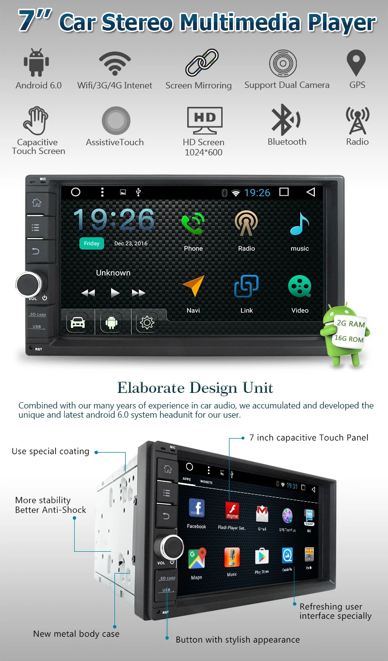 Двойной 2 Din стерео " сенсорный экран Bluetooth автомобильное радио gps Android 6,0 2 Гб ОЗУ Зеркало Ссылка USB музыка нет-DVD плеер Wi-Fi камера