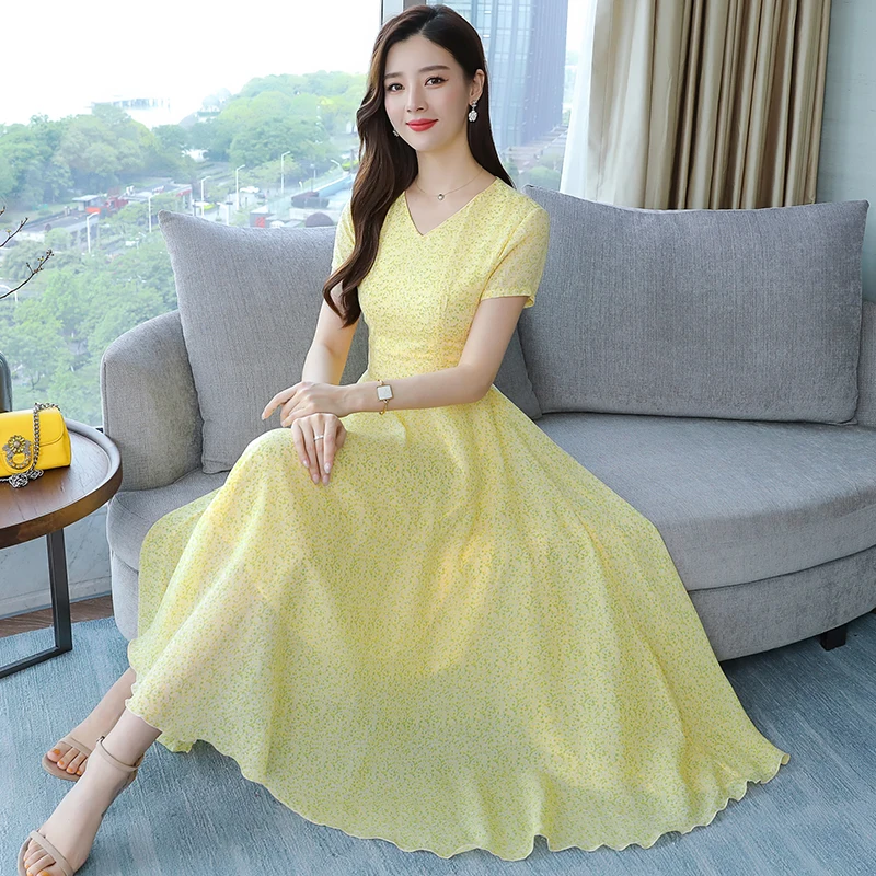 

2019 Summer New Arrival Plus Size M-3XL Flower Printed V Collar Short Sleeve Woman Long Chiffon Dress