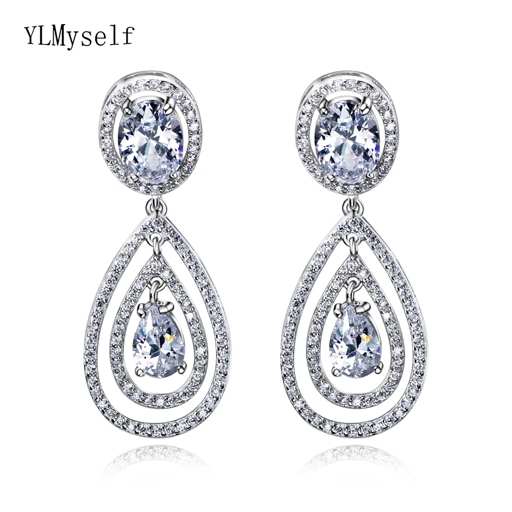 Large Luxury Real Sterling Silver Earring Elegant Crystal Waterdrop