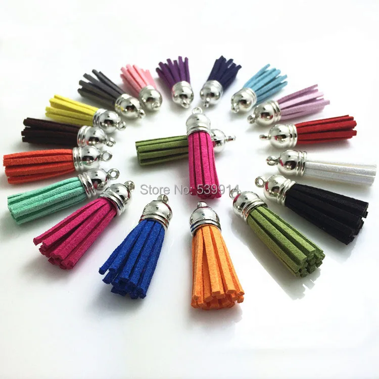 

Hotsale!!! Fashion 35mm 200Pcs Suede Leather Tassel Fiber Fringe Tassel with Silver/Gold/Bronze Plated Cord Caps Stopper Charms