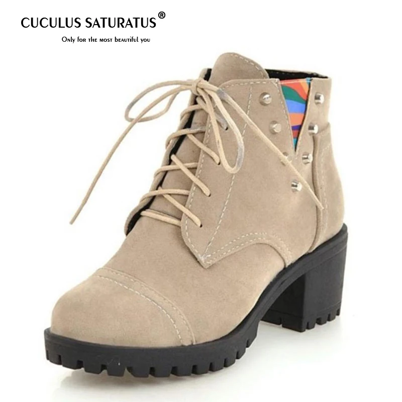 Cuculus плюс Size34-43 женские ботинки на высоком каблуке с заклепками смешанных Цвет Ботильоны Туфли на шнуровке Женская мода Зимние полуботинки 1153