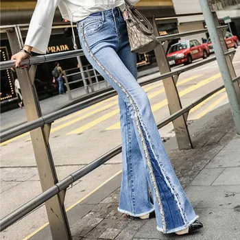 

Trumpet jeans female Spring New High waist Slim Slimming modis Heavy Embroidery Embroidered Side Beaded Edging Micro trousers