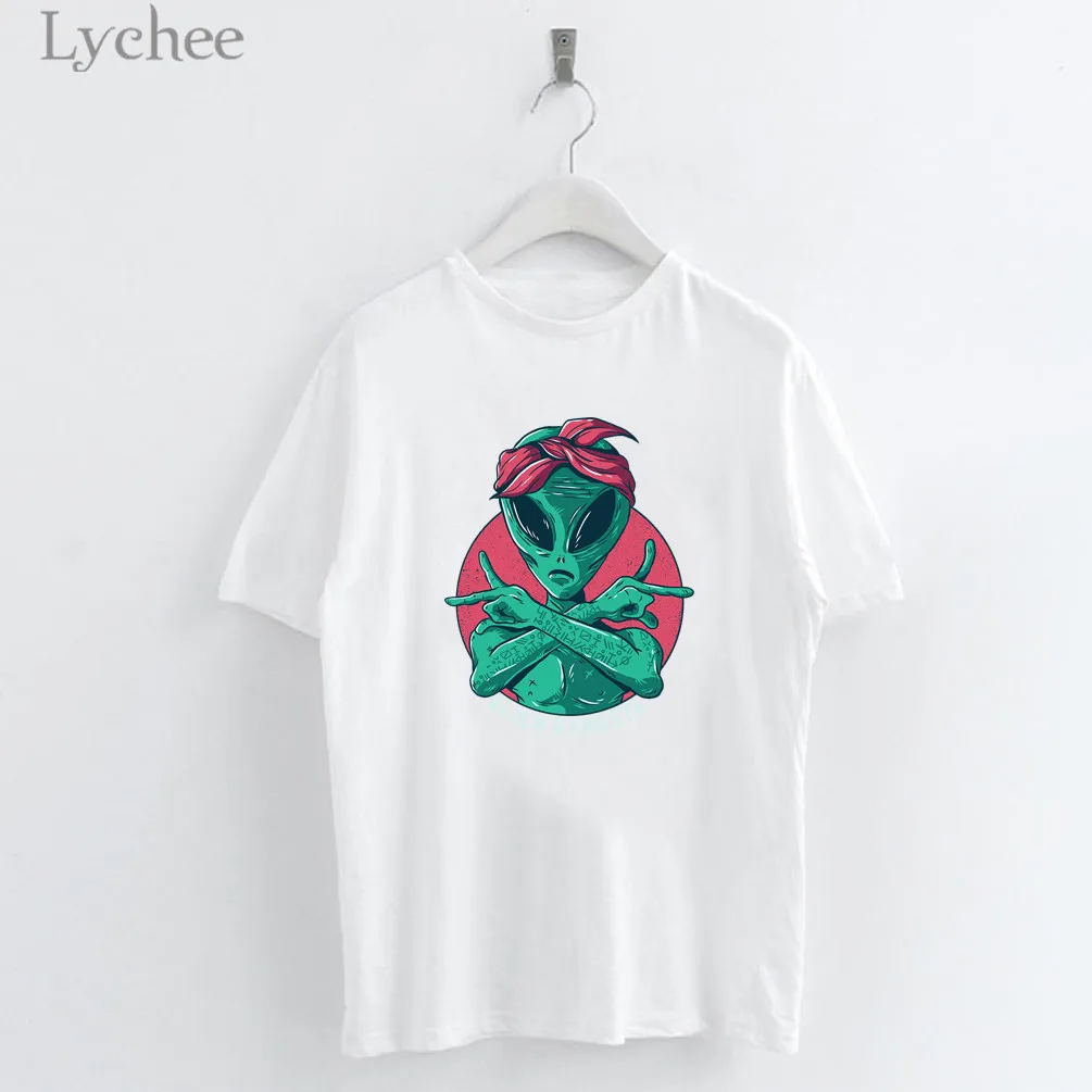 

Lychee Harajuku Alien Print Female T Shirts Top Tees Crew Neck Short Sleeve Summer Spring Loose Women T-shirts T Shirt