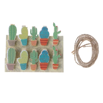 

10Pcs Mini Cactus Plant Photo Clip Painted Wooden Clips Message Photo Holder Card Paper Pegs With Rope Cute Creative Clip