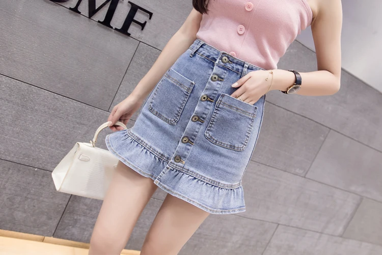 2018 Весна-осень Высокая талия юбка женская джинсовая юбка в Корейском стиле упругое тело выше колена труба джинсовая юбка