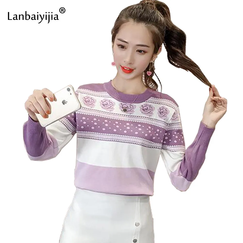 JKKUCOCO Newest Sweet Women Sweater Flower Striped Pattern O Neck Long Sleeve Knitted Sweaters 