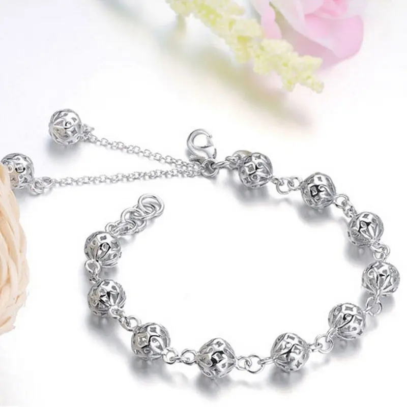1pcs Women Silver Plated Bracelets Link Chain Hollow Ball 1pcs Women Silver Plated Bracelets Link Chain Hollow Ball Design Bracelet Charm Strand Woman Jewelry Bangles In From
