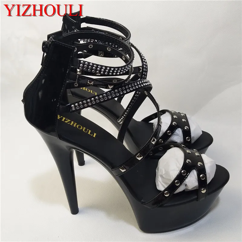 

Noble rivet embellished heels, enticing 15cm thin heel model stage show sandals