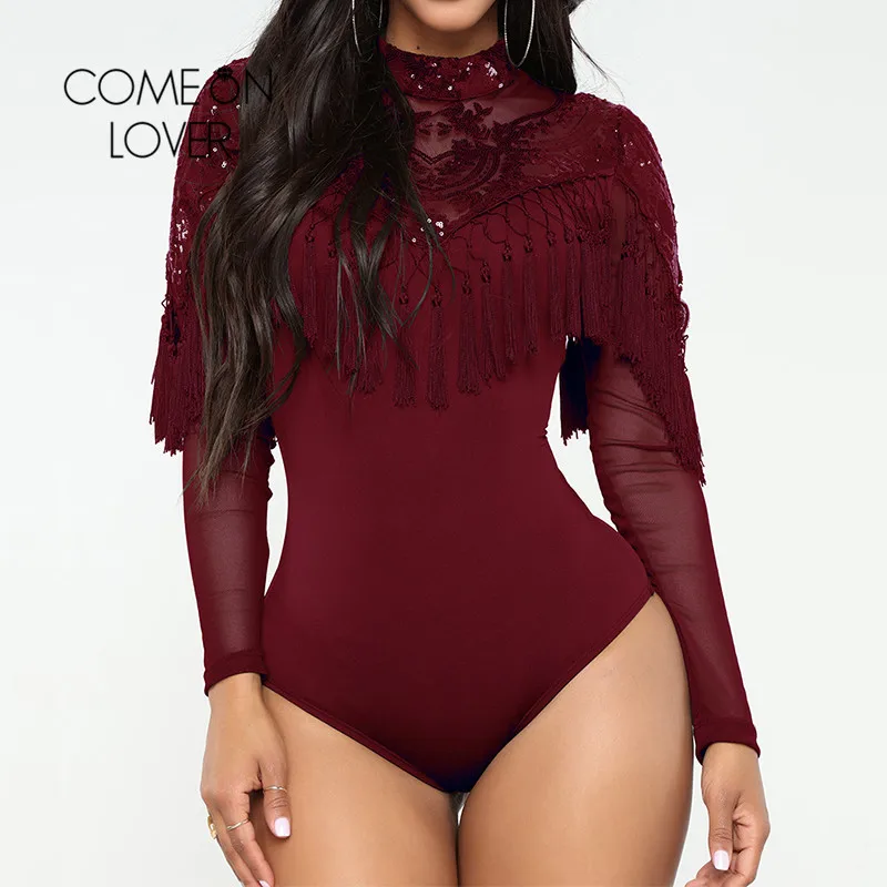 Comeonlover Tassel Sequined Rompers Body Femme Long Sleeve Regular Sexy Bodysuits M L Sheer Mesh Sleeve Women Bodysuit RI80787 Comeonlover Tassel Sequined Rompers Body Femme Long Sleeve Regular Sexy Bodysuits M L Sheer Mesh Sleeve Women Bodysuit RI80787